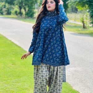 Uswa Zia 3 Piece Printed Swiss Lawn Suit ? Blue, Stiched Suit (Standard Size) - Image 2
