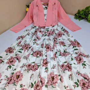 2 pcs Stylish Floral Print Maxi Dress with Pink Jacket - Women's Western Wear -  Floral Maxi - Image 3