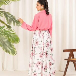 2 pcs Stylish Floral Print Maxi Dress with Pink Jacket - Women's Western Wear -  Floral Maxi - Image 2