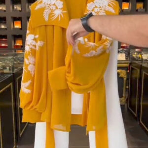 Women?s 3-Piece Mustard Embroidered Chiffon Western Maxi Set ? Upper, Inner & Belt, Medium Size, Elegant Party Wear - Image 1