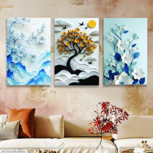 3-piece wooden wall art set featuring vibrant floral and tree motifs. Perfect for modern home decor. Comes in two sizes with easy-to-use wall tape. - Image 3