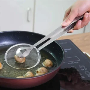 2 IN 1 FRYING TONG | Imported Small Multi-functional 2 in 1 Fry Tool Filter Spoon Strainer With Clip, Oil Frying BBQ Filter Stainless Steel Mesh - Image 4