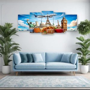 World Travel Landmarks Wall Art ? 5-Piece Canvas Set (16x40 inches) | Wooden Sticky Tile Frames with Double Tape