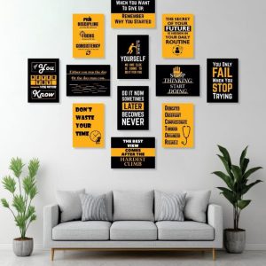 Yellow And Black Motivational Wall Art Posters 12 Pcs Set Wooden Sticky Tiles 5x7 Inches Easy Mounting