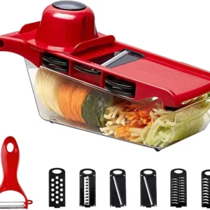 10 in 1 Mandolin Slicer Vegetable Cutter with Stainless Steel Blade Manual Potato Peeler Carrot Cheese Grater Nicer Kitchen Tool - Mandolin Vegetable Cutter - Red Color - Image 5