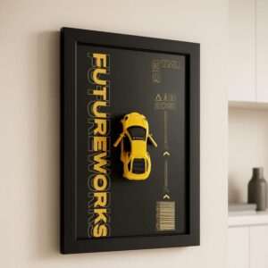 Metal Car Wall Frame ? 3D Yellow Sports Car Decorative Wall Art, Modern Black Frame, Stylish Home & Office Wall Decor (8 x 12 Inches) - Image 1
