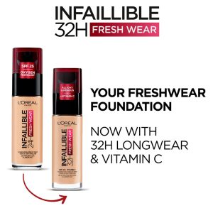 L'Or?al Paris Infallible 32H Fresh Wear Foundation, Full-coverage, Longwear, Weightless Smooth Finish, Water-proof and Transfer-proof, with Vitamin C 30ml