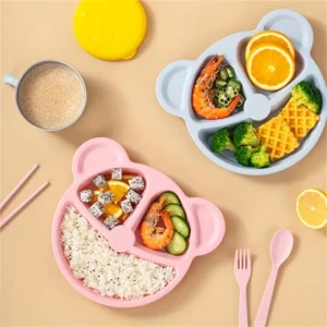 5 Pcs Bear Plate Set - Cartoon compartment dinner plate | Includes Divided Plate, Fork & Spoon, Perfect For Toddlers & Preschoolers (Random color) - Image 3