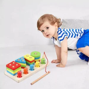 Wooden Fishing Four Post | Geometric Shape Sorter With Magnetic Fishing Game (Random color) - Image 5