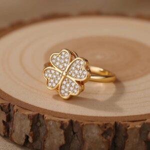 Clover Zircon Rotating Ring ? Silver & Golden, Adjustable Spinner Ring for Women (PWJ-111)? - Image 3