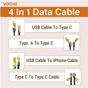 4 in 1 Data Cable Pack of 2 ? USB-C & Lightning Connectors, Braided Durable Design, Fast Charging & Data Transfer, Black with Yellow Connectors - Image 1