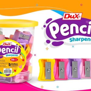 Pack of 50 DUX Plastic Pencil Sharpeners with 8mm Blade, Durable Multicolor Design & Built-in Transparent Shavings Jar ? Ideal for School, Office, Art, and Home Use (Multicolor) - Image 1